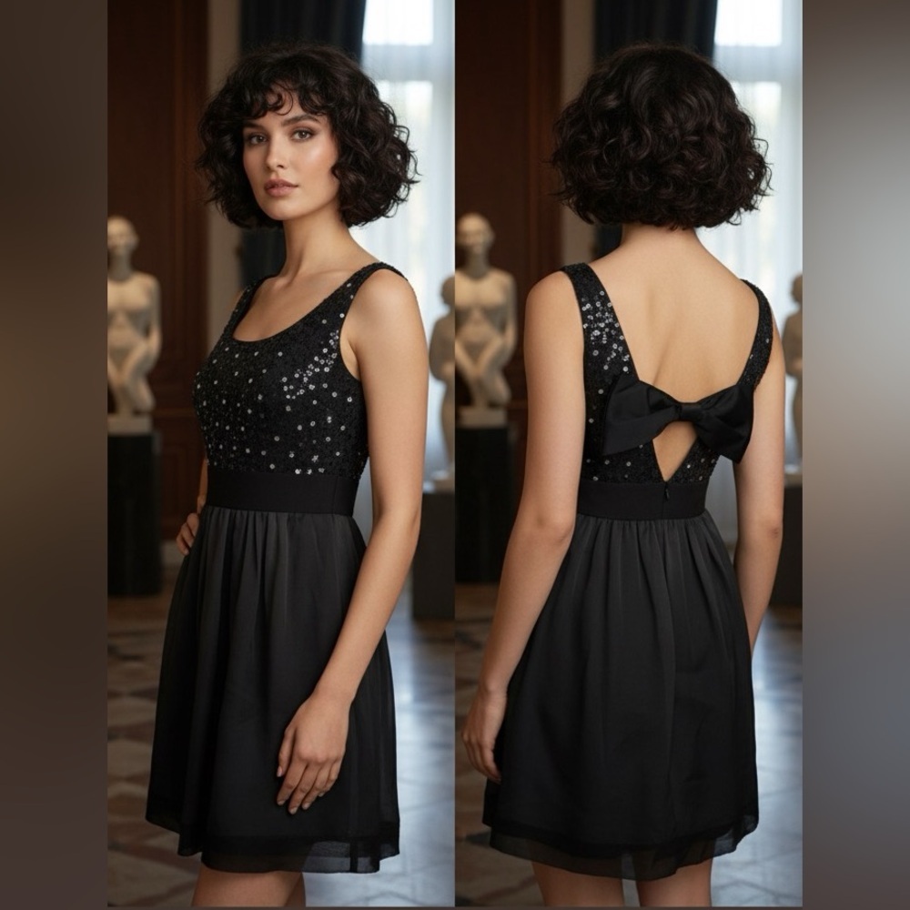 Phoebe Couture Black Silk Bow Back Sequin Dress